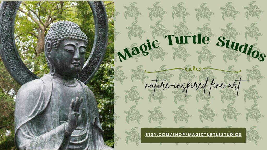 Magic Turtle Studios banner featuring a color photograph of a Buddha statue and a background of stylized sea turtles