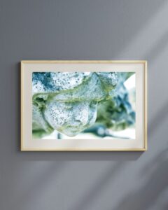 closeup photo of a cherub with moss on its face taken at Mt. View Cemetery in Oakland CA - framed in a light pine frame on a dark gray wall with the light rays coming from the right