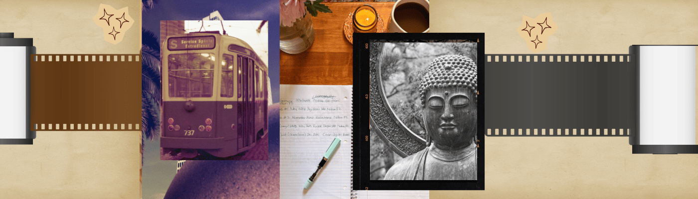 World Photography Day banner showing film cannisters with an image of a streetcar, a notebook and pen, and the Buddha